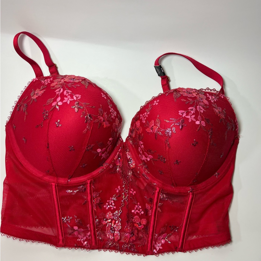 Victoria's Secret - NWT Very Sexy Red Floral Embroidered Bustier Push Up Bra 36D - Picture 8 of 8